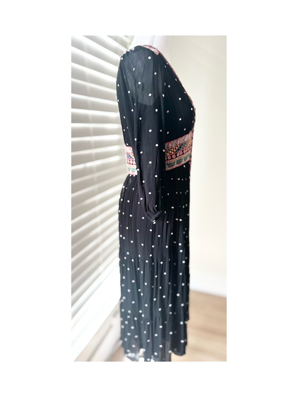 Anthropologie Black Polka Dot Midi Dress with Pink Embroidered Waist - Picture 4 of 6